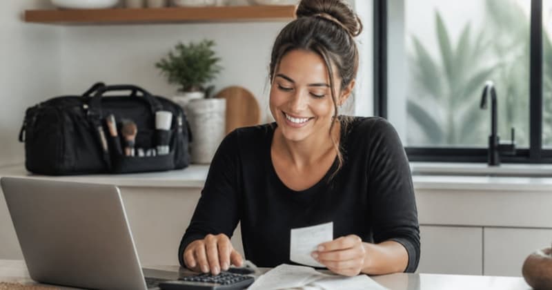 Sole trader working out her tax at the kitchen table with a laptop, calculator and receipts
